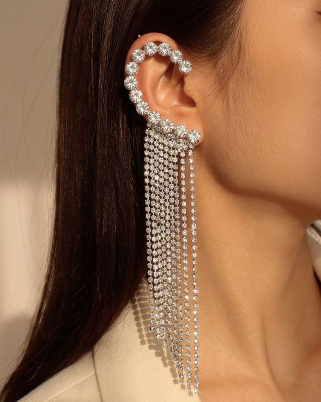 Silver Rhinestone Heart Long Tassel Ear Cuff