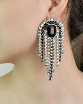 Vintage Black Crystal Chain Tassel Drop Earrings