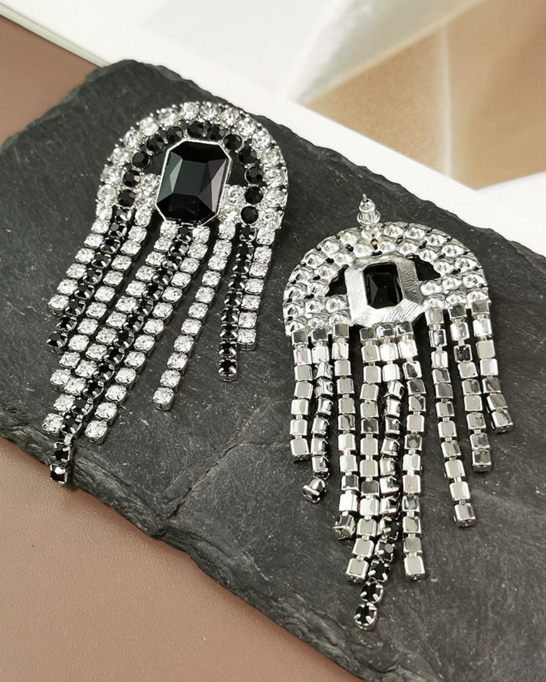 Vintage Black Crystal Chain Tassel Drop Earrings