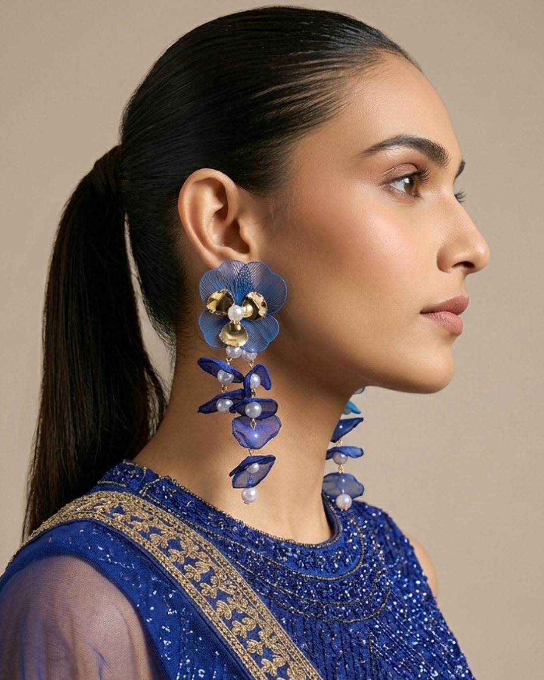 Feather-lite Navy Blue Pearl Flower Tassel Earrings