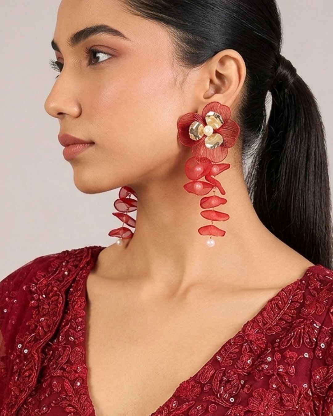 Feather-lite Red Pearl Flower Tassel Earrings