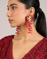 Feather-lite Red Pearl Flower Tassel Earrings