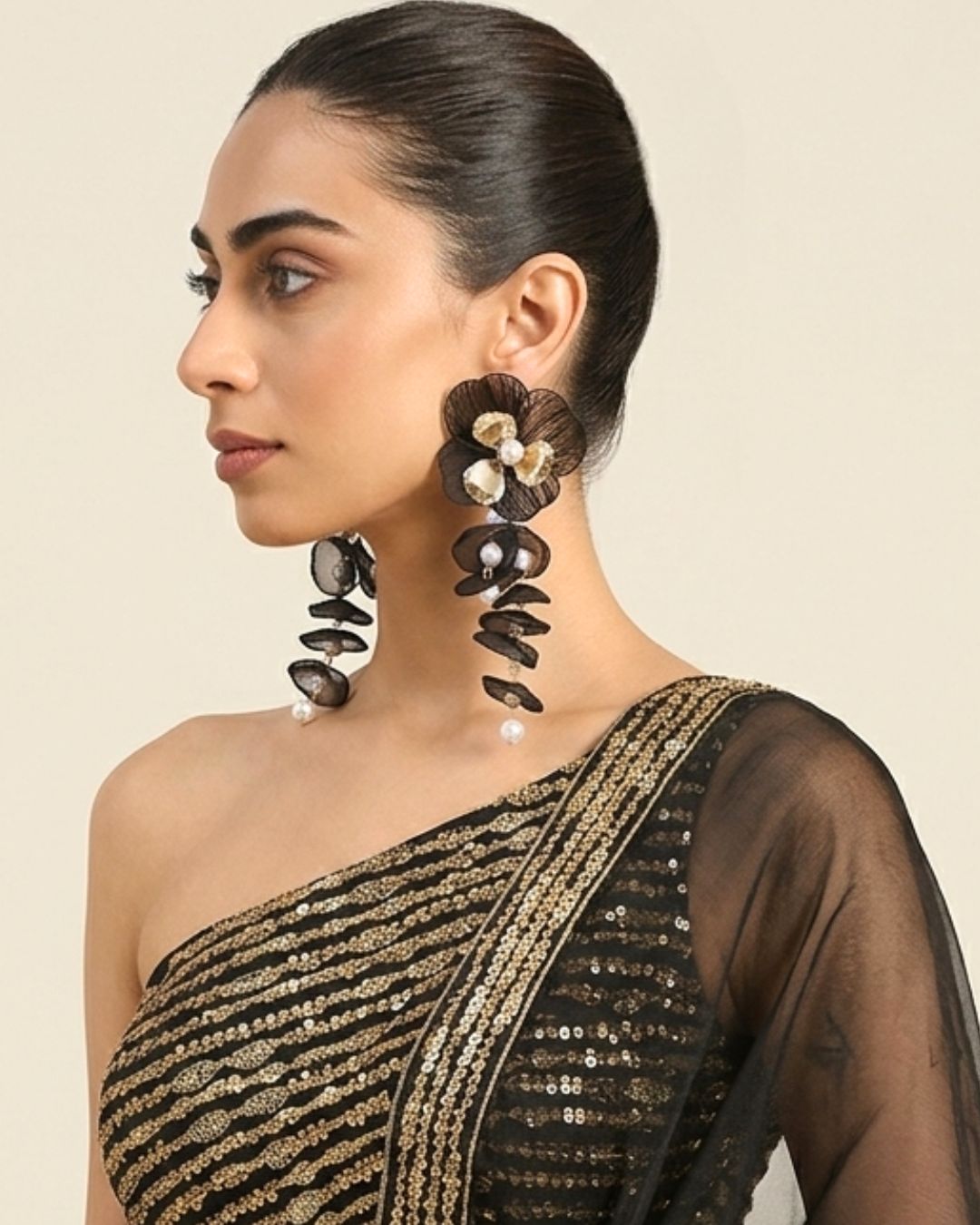 Feather-lite Black Pearl Flower Tassel Earrings