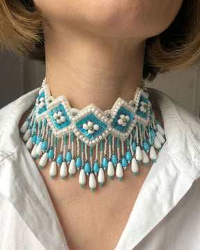 Turquoise Pearl Beaded Necklace Choker With Earrings