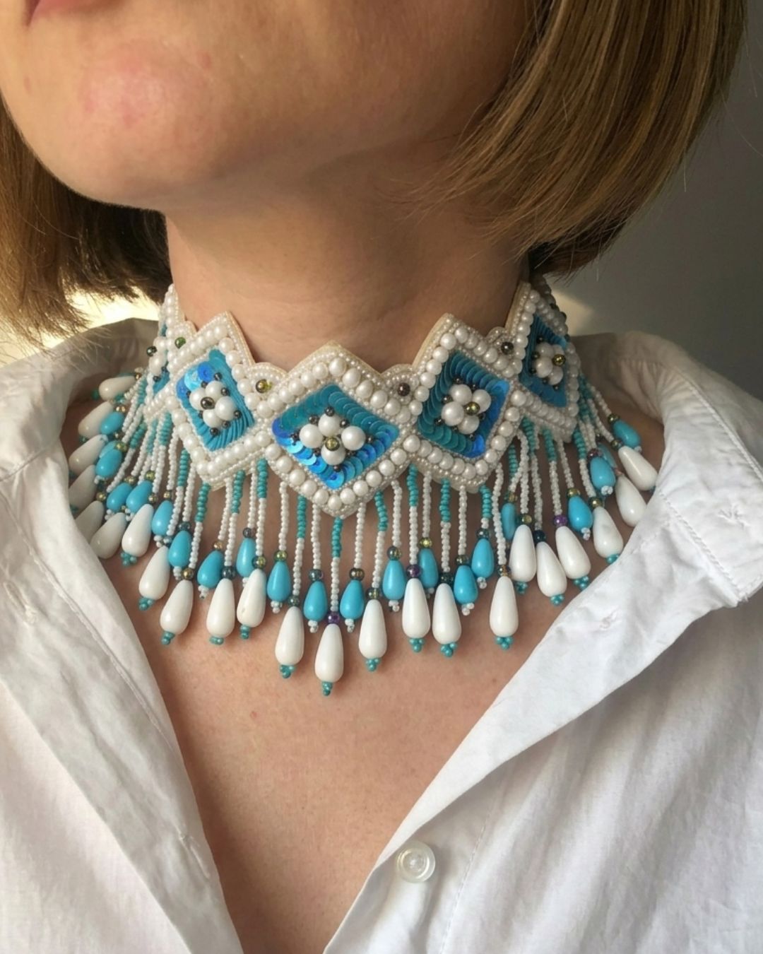Turquoise Pearl Beaded Necklace Choker With Earrings