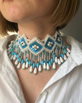 Turquoise Pearl Beaded Necklace Choker With Earrings