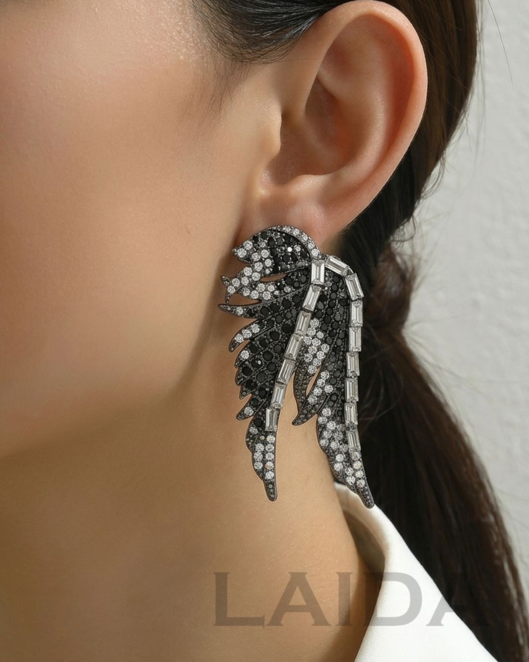 Black Rhinestone Angel Wing Drop Earrings