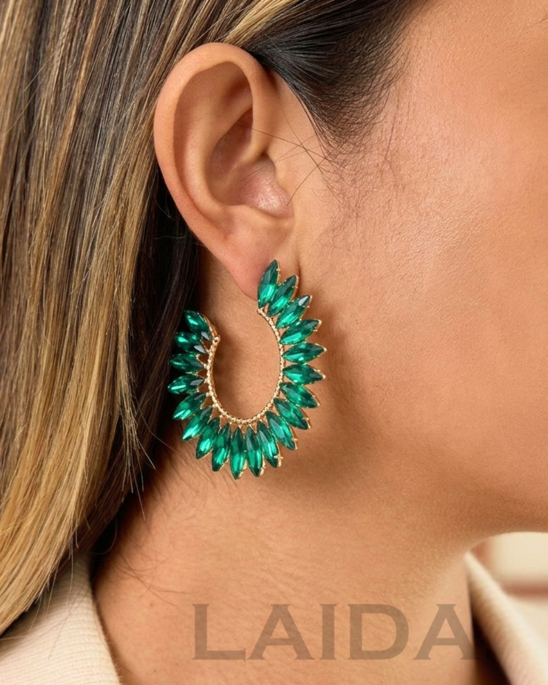 Green Rhinestone Half Moon Hoop Earrings