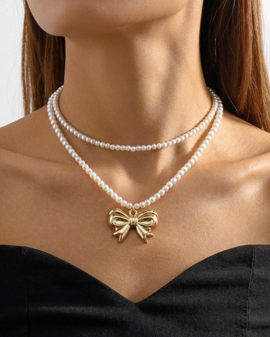 Two Layer Pearl Bow Statement Necklace