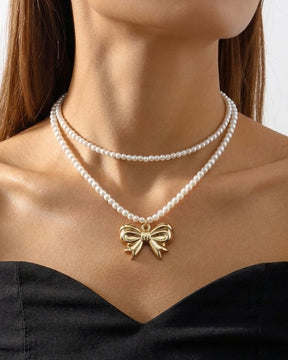 Two Layer Pearl Bow Statement Necklace