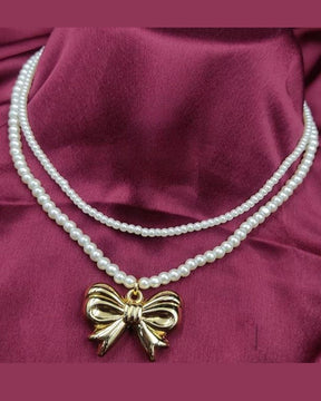 Two Layer Pearl Bow Statement Necklace