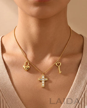 Golden Cross Heart Lock Pendant