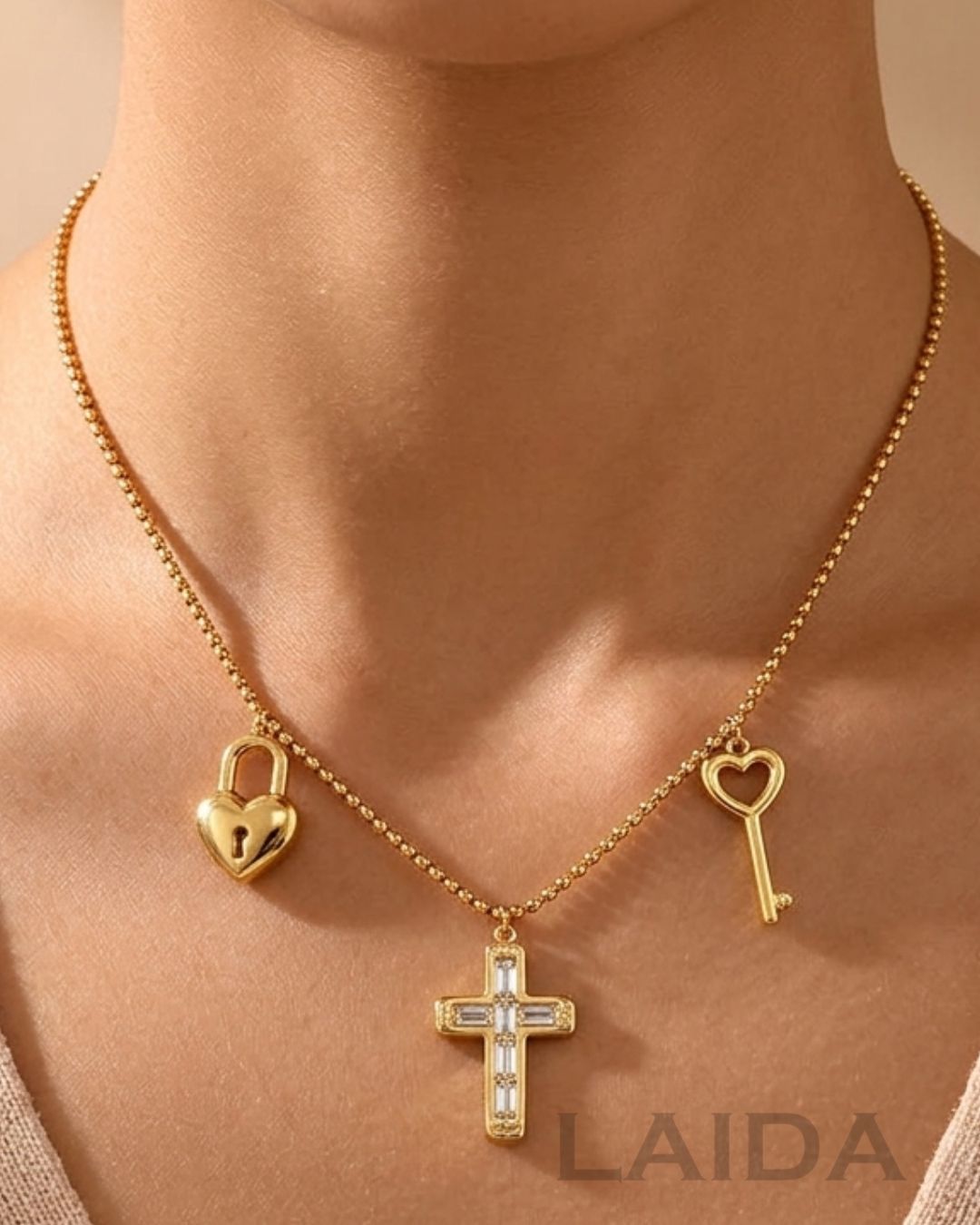 Golden Cross Heart Lock Pendant