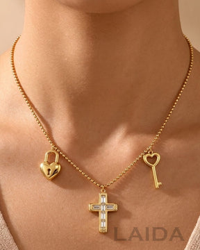 Golden Cross Heart Lock Pendant