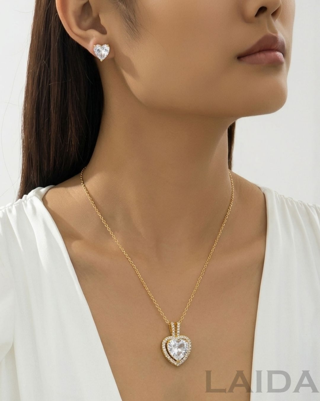 Golden Crystal Drop Heart Pendant Set