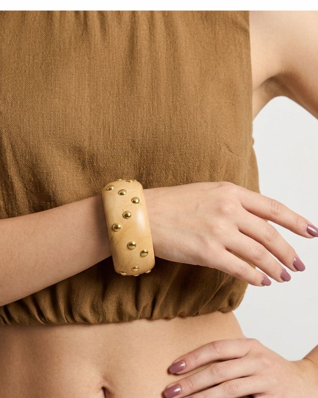 Ivory Wooden Golden Metal Dot Charm Bracelet