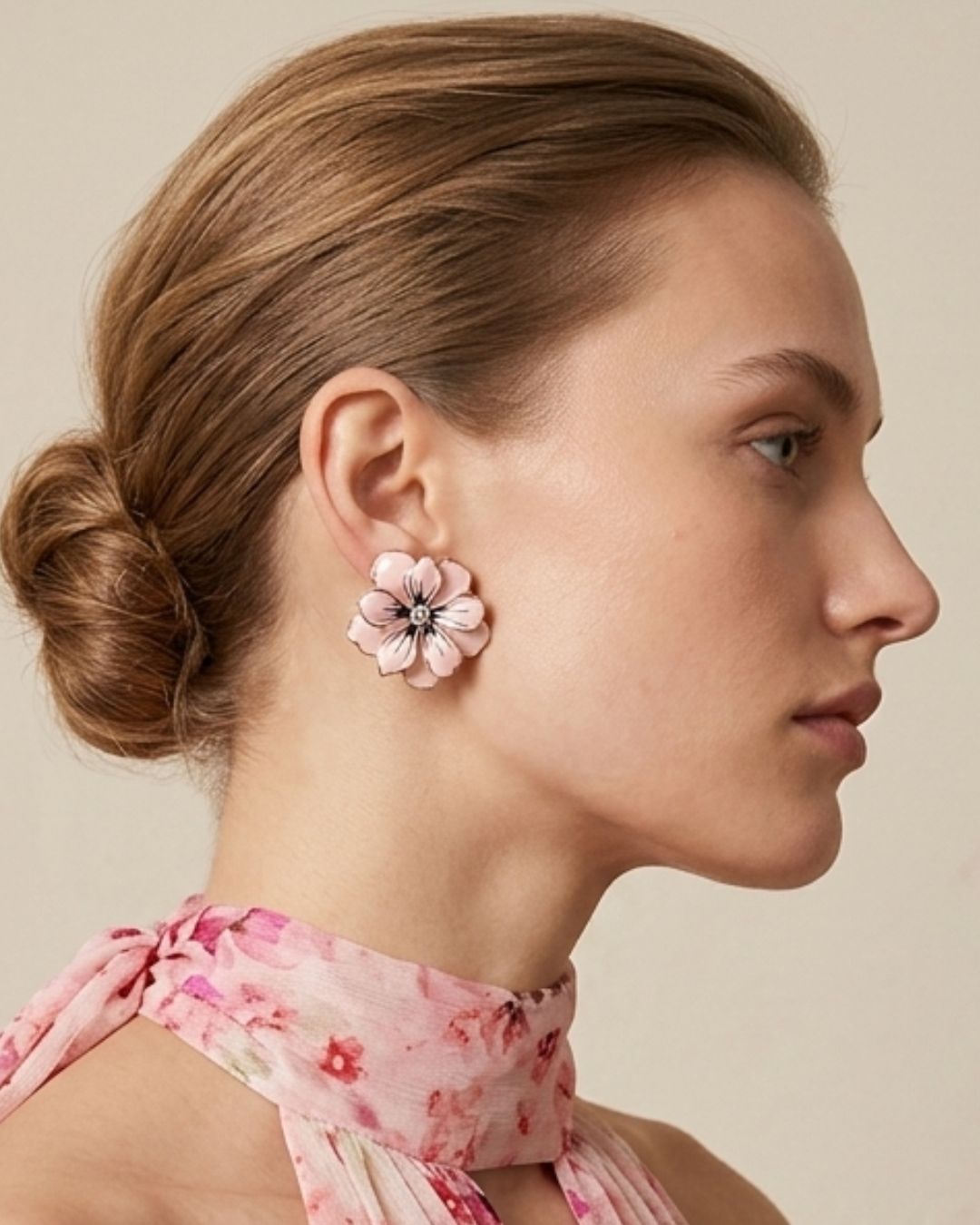 Pink Flower Enamel Stud Earrings