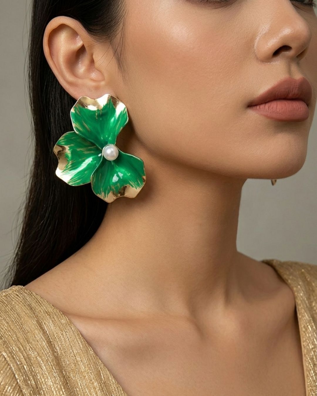 Green Flora Pearl Stud Earrings