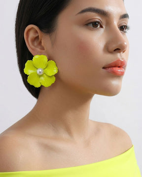 Neon Enamel Pearl Floral Stud Earrings
