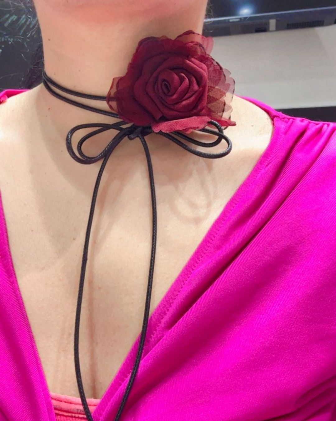 Fabric Maroon Flower Long Knotted Rope Choker