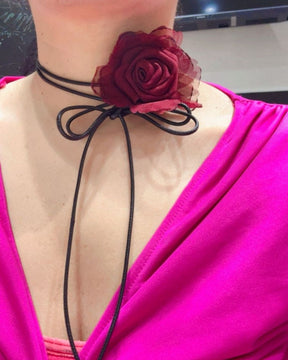 Fabric Maroon Flower Long Knotted Rope Choker