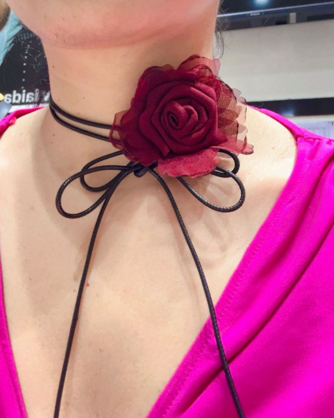 Fabric Maroon Flower Long Knotted Rope Choker