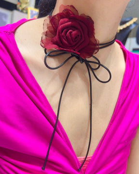 Fabric Maroon Flower Long Knotted Rope Choker