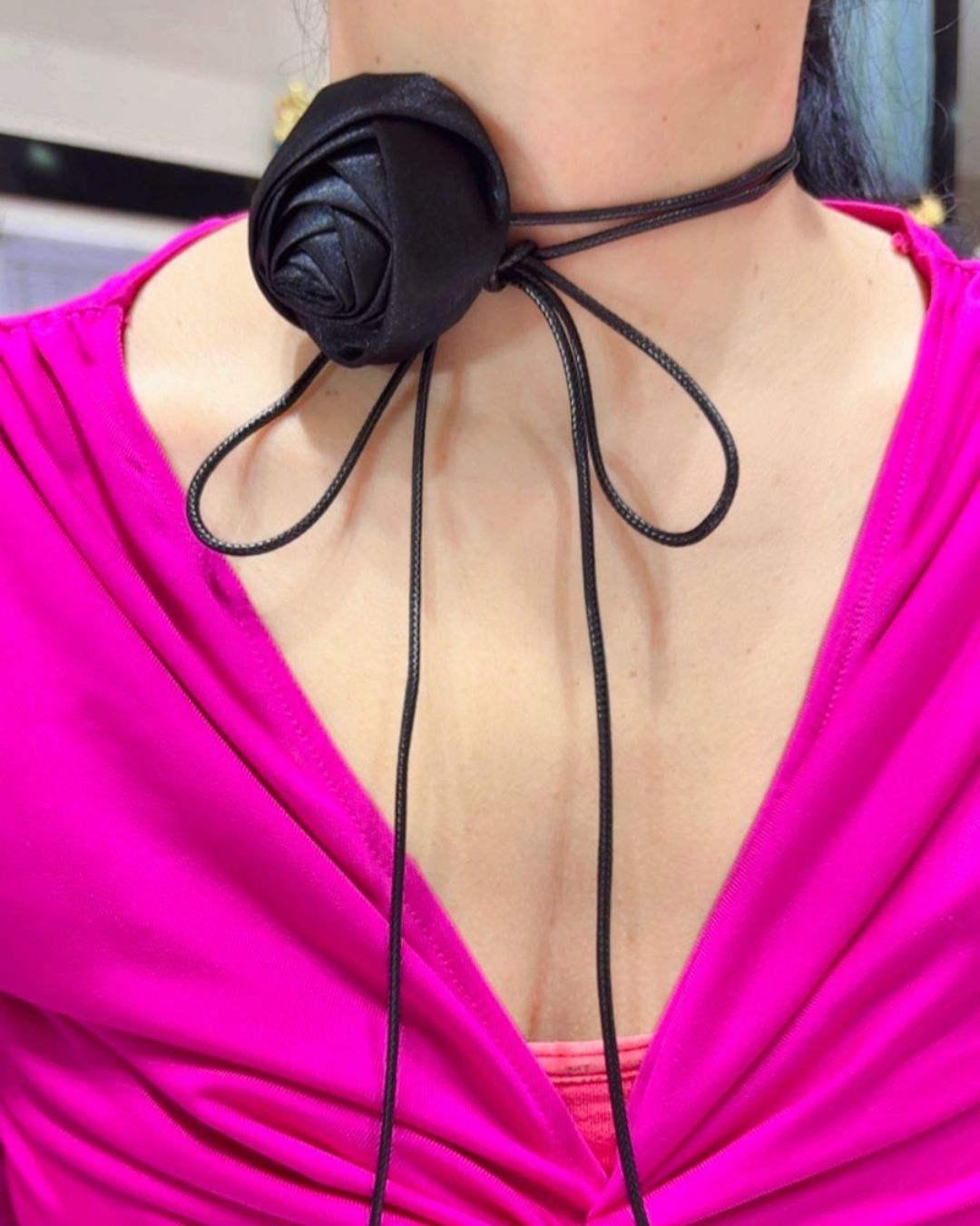Black Flower Long Knotted Rope Choker