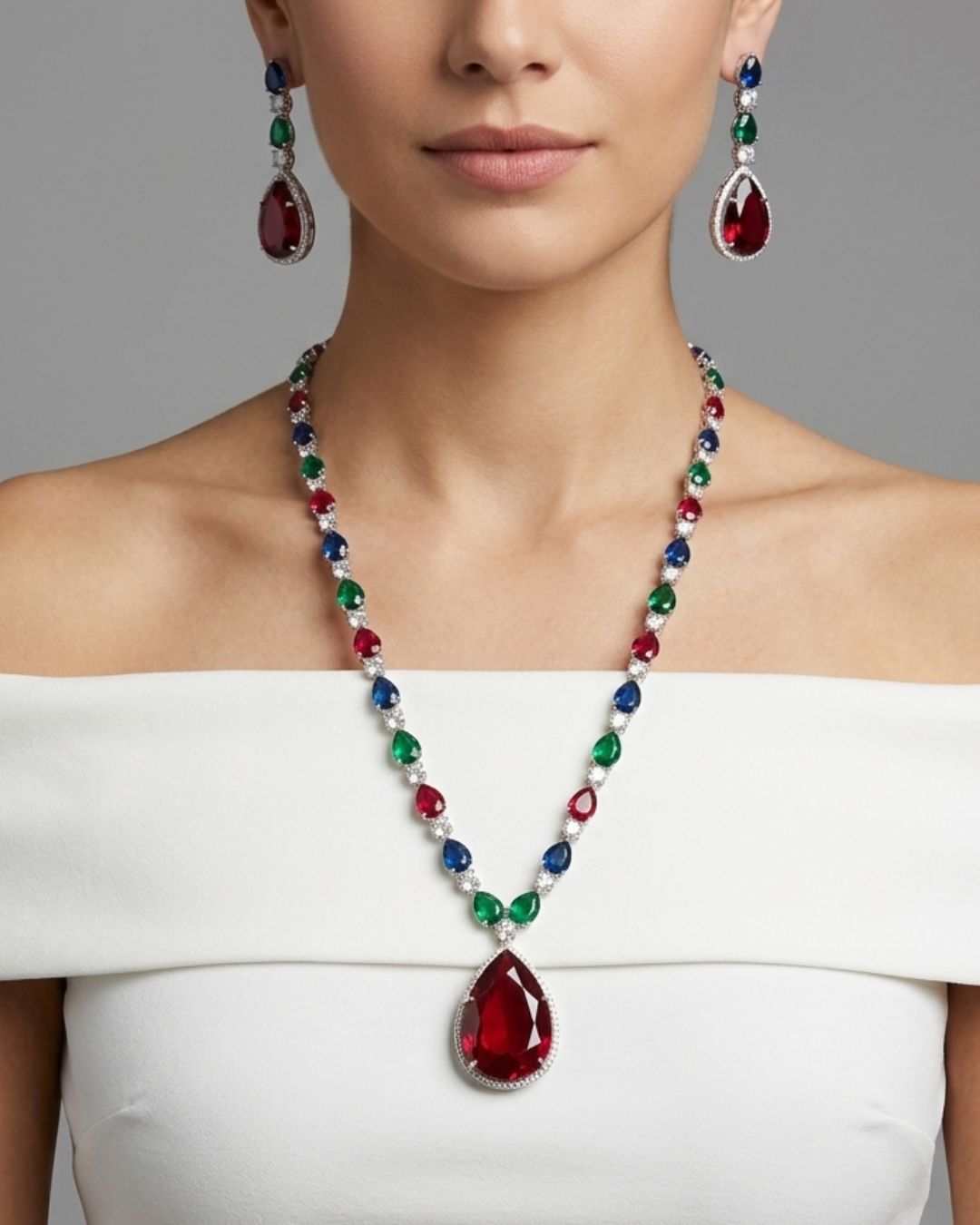 Arden Maroon Cz Statement Necklace With Earrings