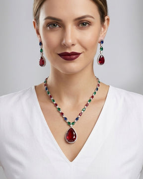Arden Maroon Cz Statement Necklace With Earrings