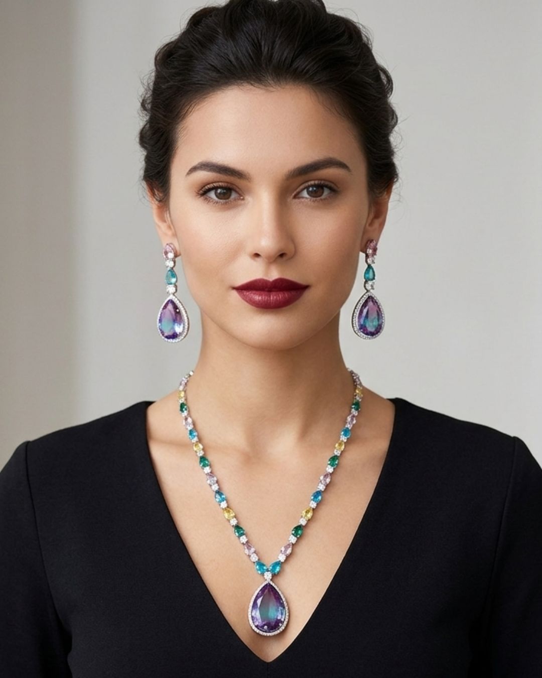 Arden Purple CZ Statement Necklace With Earrings