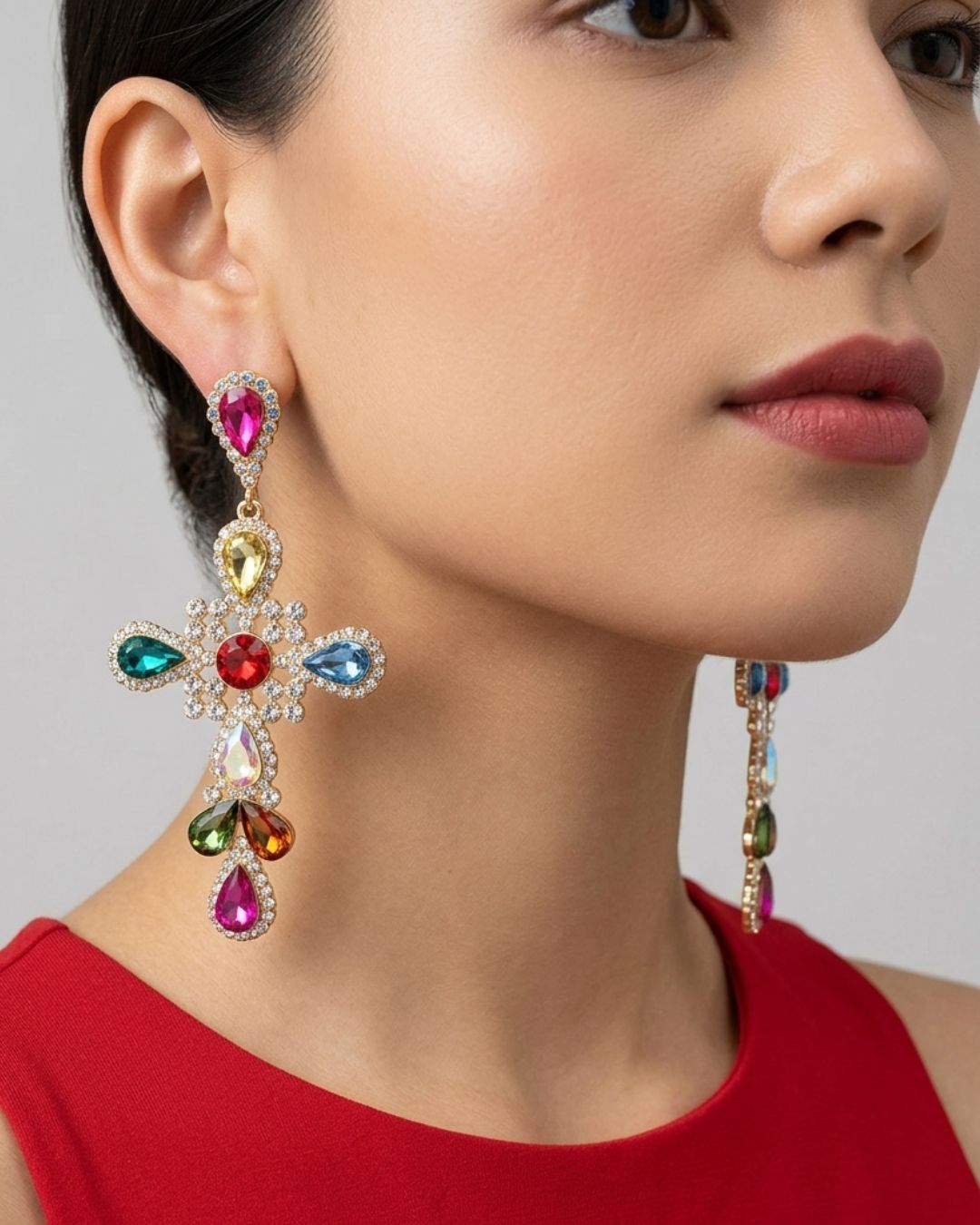 Multi Rhinestone Cross Statement Drop Earrings