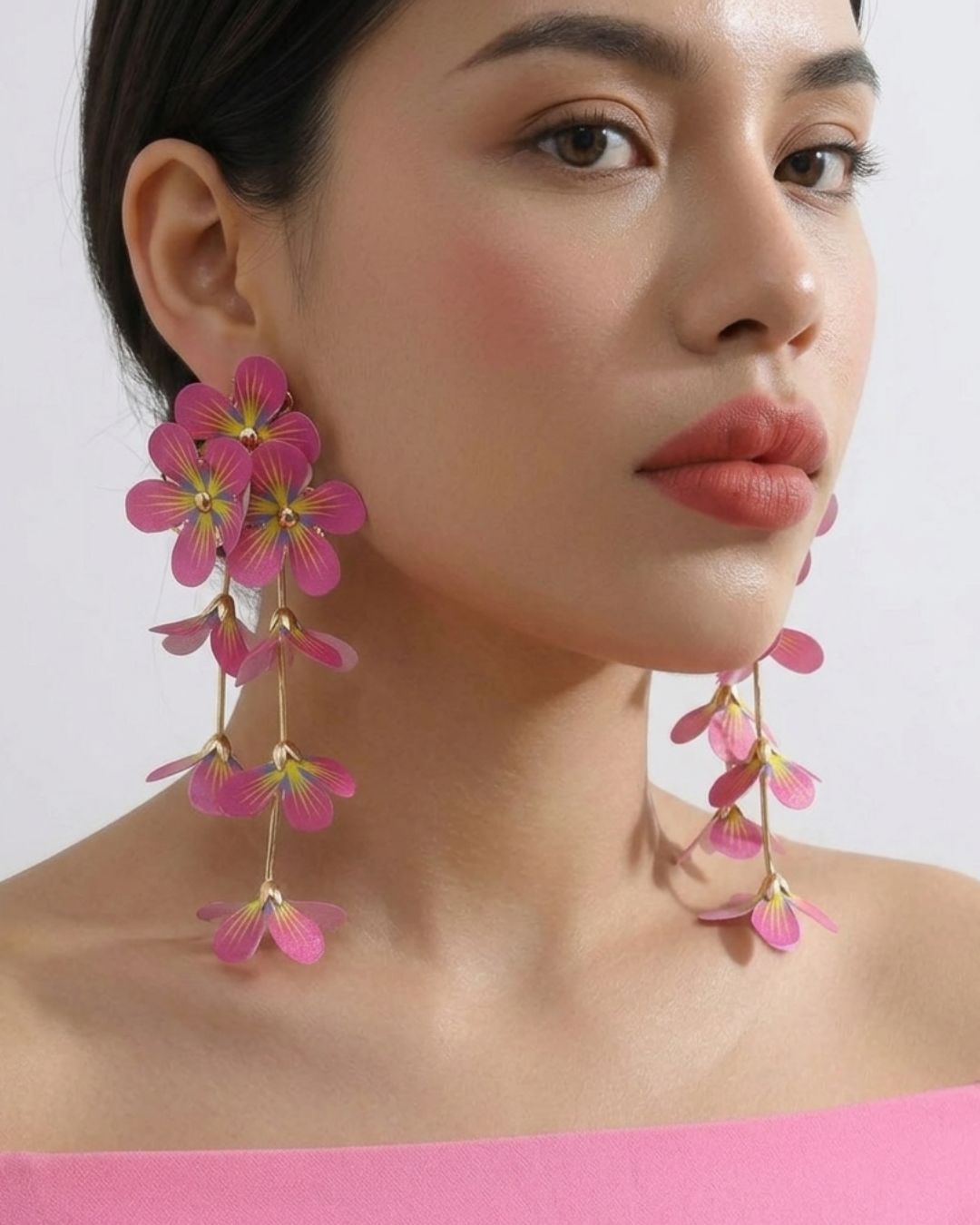 Feather-lite Pink Flower Tassel Earrings
