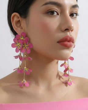 Feather-lite Pink Flower Tassel Earrings