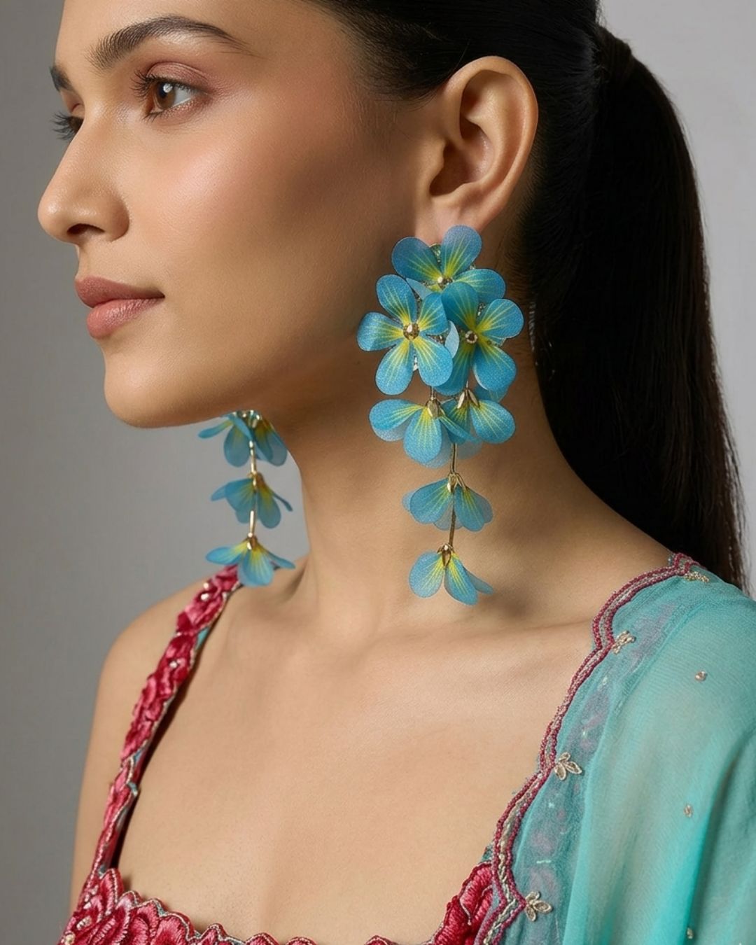 Feather-lite Blue Flower Tassel Earrings