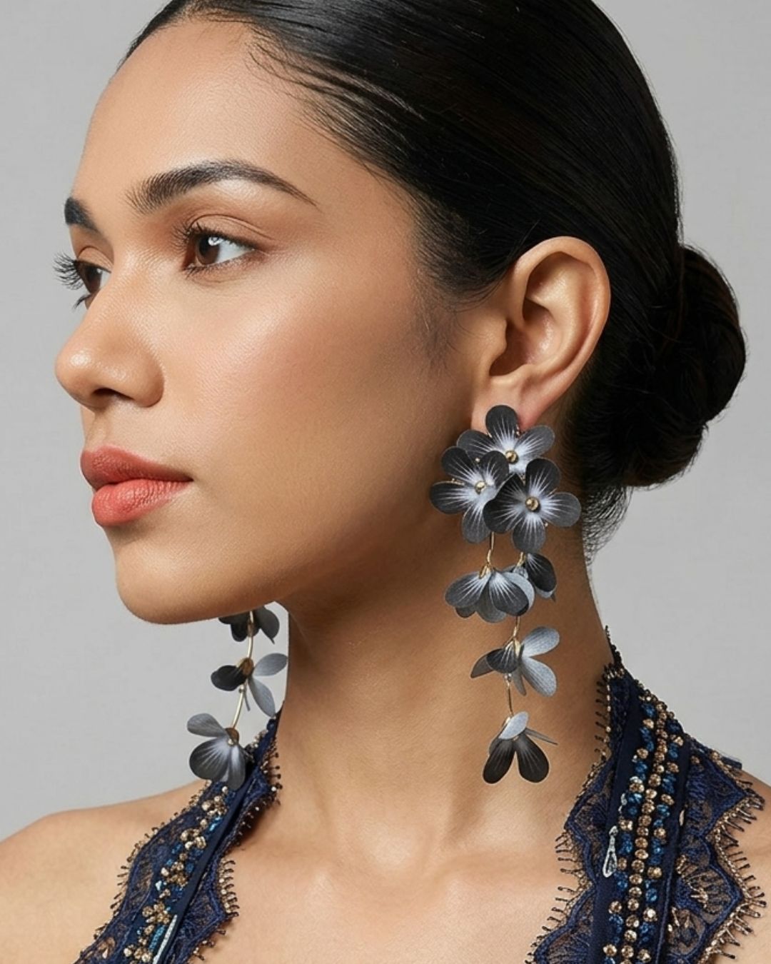 Feather-lite Black Flower Tassel Earrings