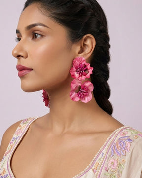 Feather-lite Pink Double layer Flower Earrings