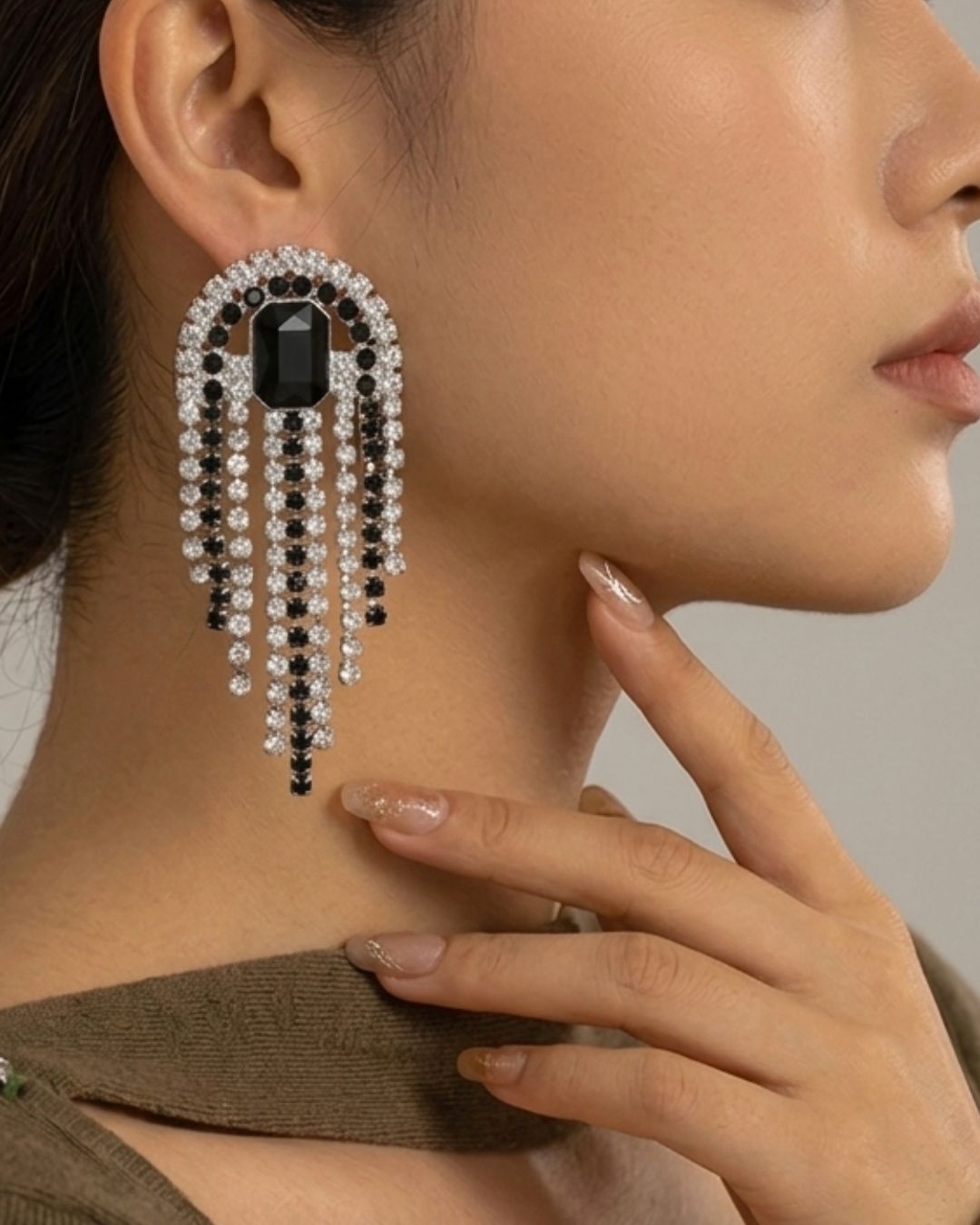 Vintage Black Crystal Chain Tassel Drop Earrings