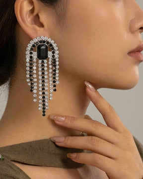 Vintage Black Crystal Chain Tassel Drop Earrings
