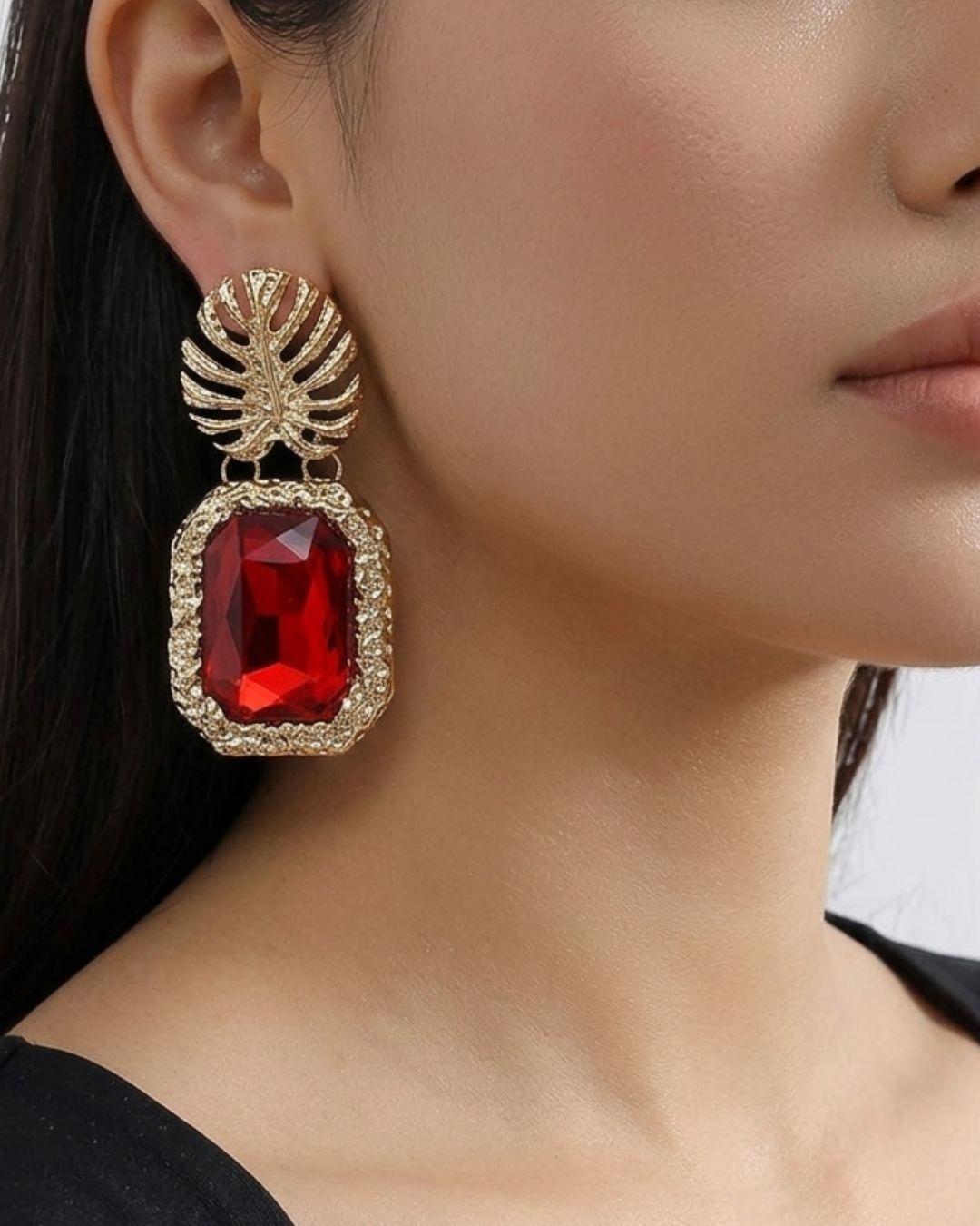 Red Rhinestone Leaf Earrings