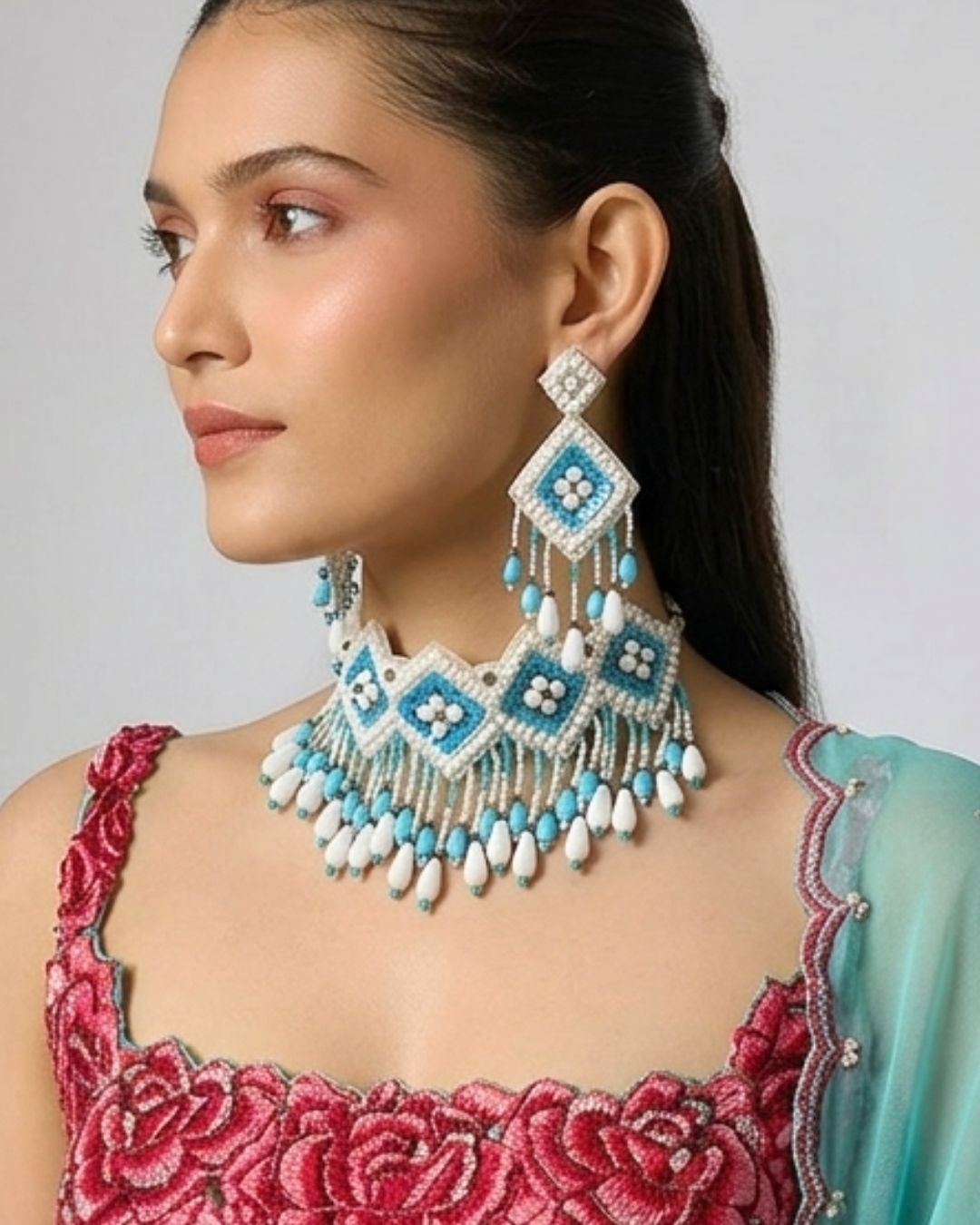 Turquoise Pearl Beaded Necklace Choker With Earrings