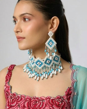 Turquoise Pearl Beaded Necklace Choker With Earrings