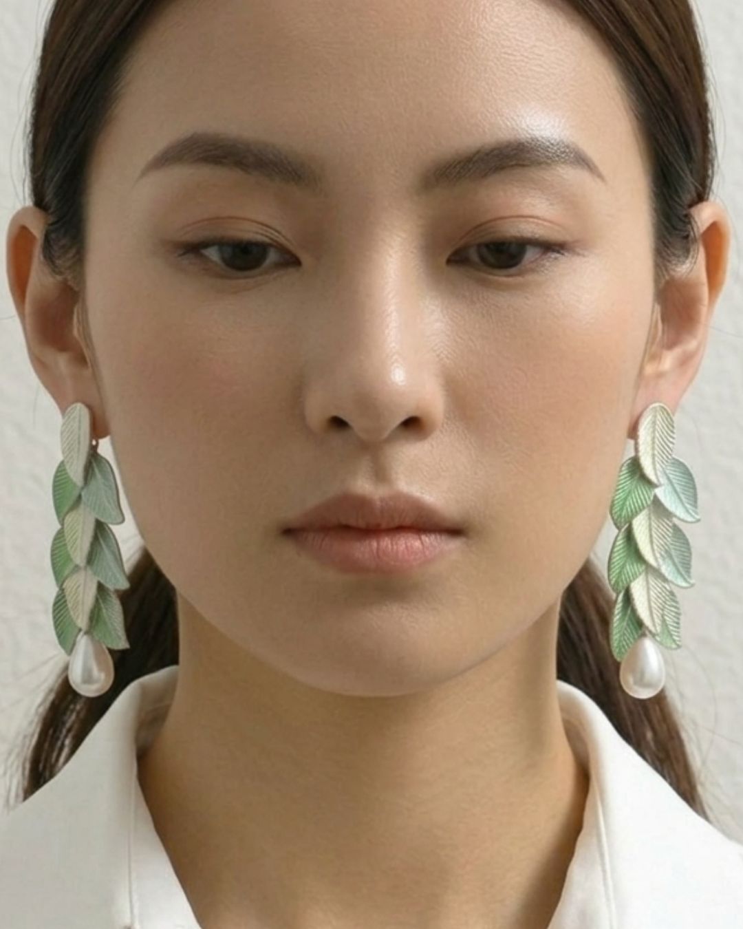 Mint Leaf Pearl Drop Earrings