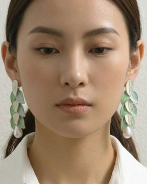 Mint Leaf Pearl Drop Earrings