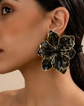 Black Petal Large Flower Stud Earrings