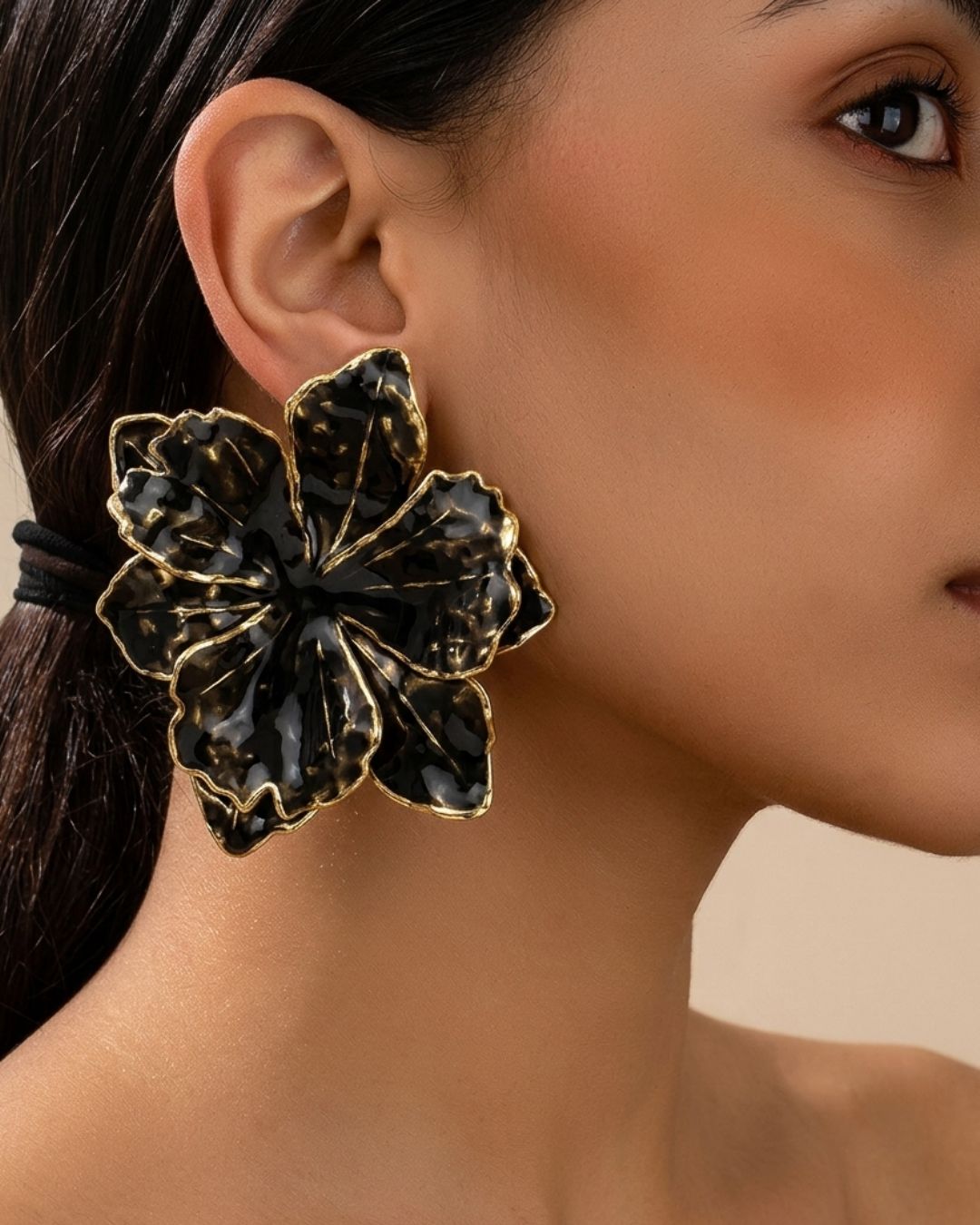 Black Petal Large Flower Stud Earrings