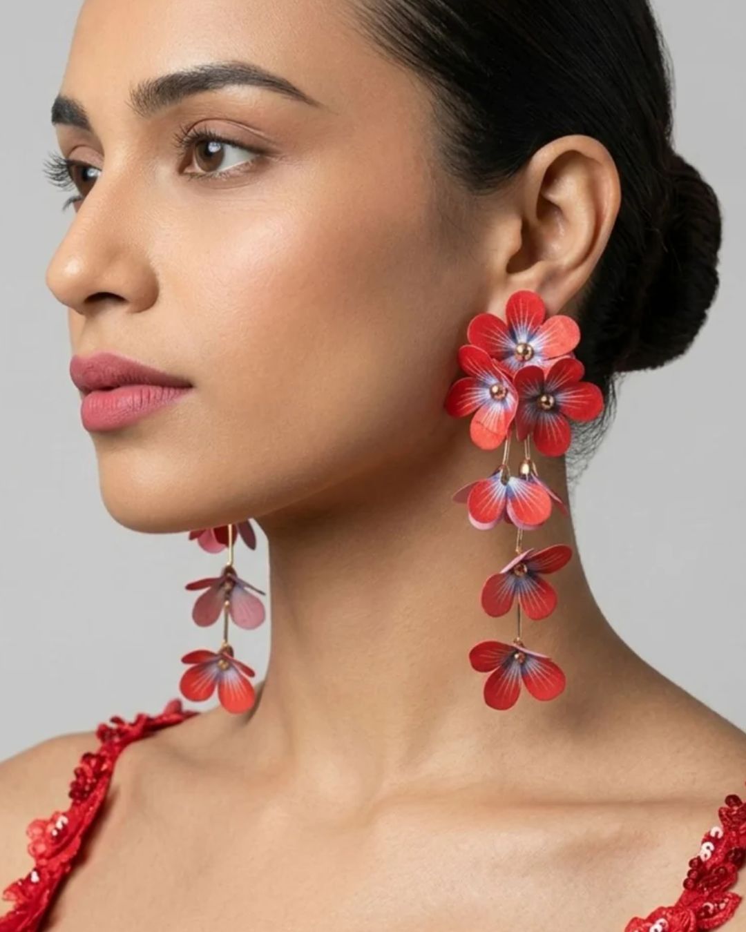Feather-lite Red Flower Tassel Earrings