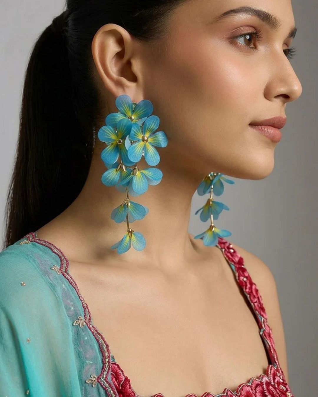 Feather-lite Blue Flower Tassel Earrings