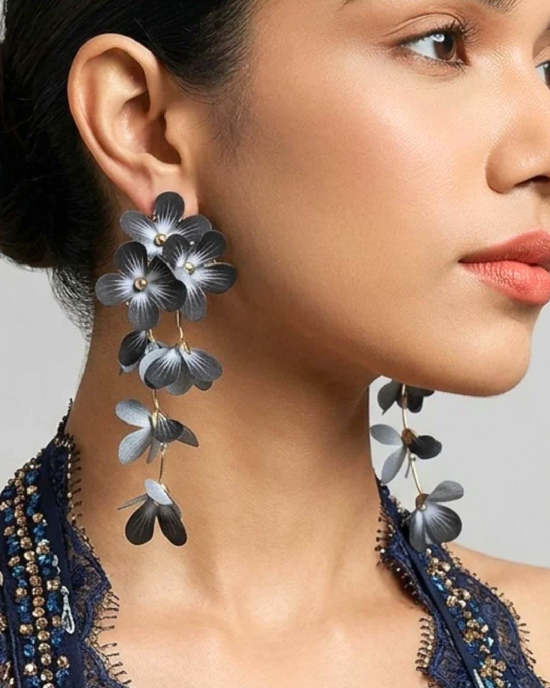 Feather-lite Black Flower Tassel Earrings