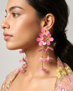 Feather-lite Pink Flower Tassel Earrings